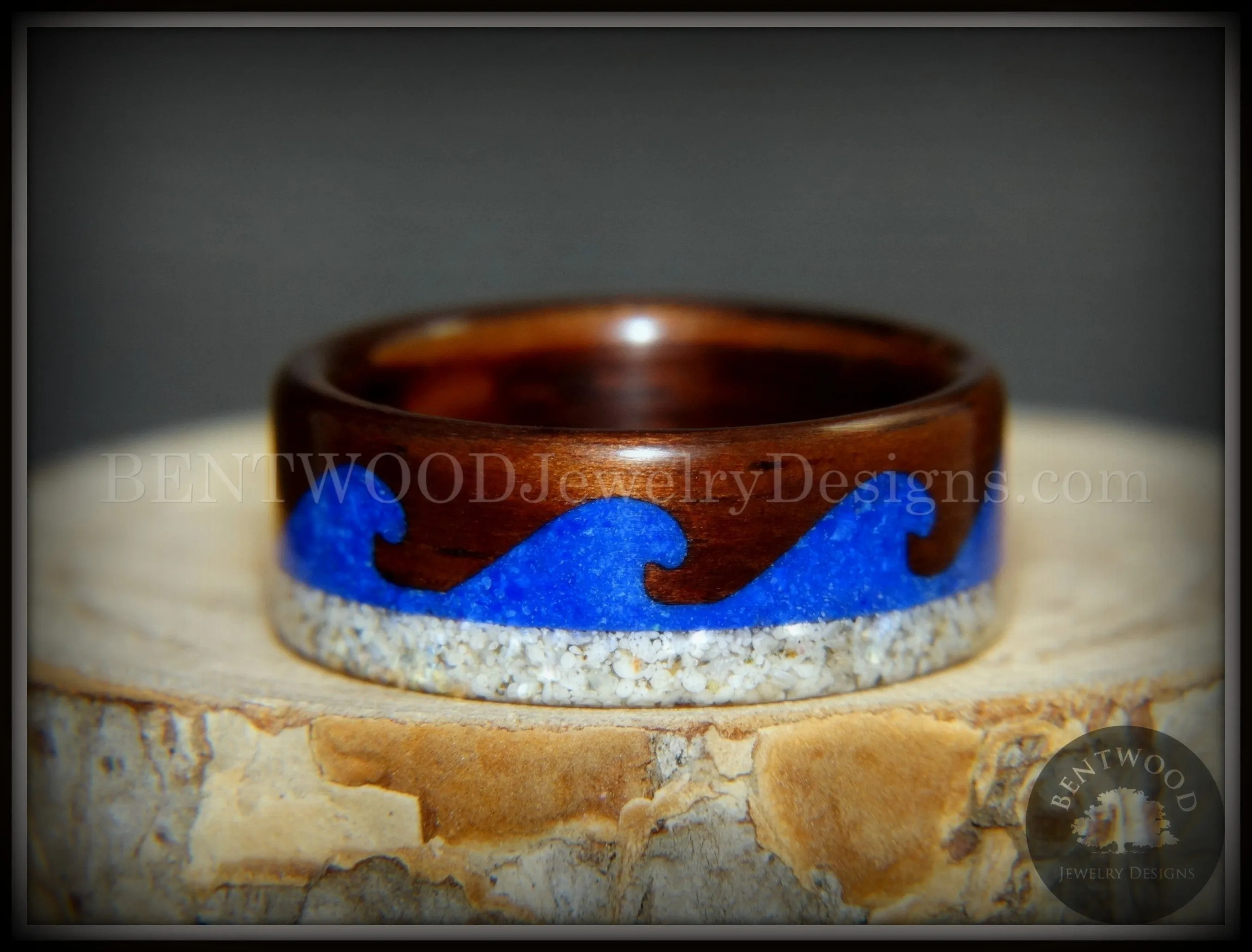 Bentwood Ring -  "Beach Waves" Koa, Blue Lapis & Beach Sand