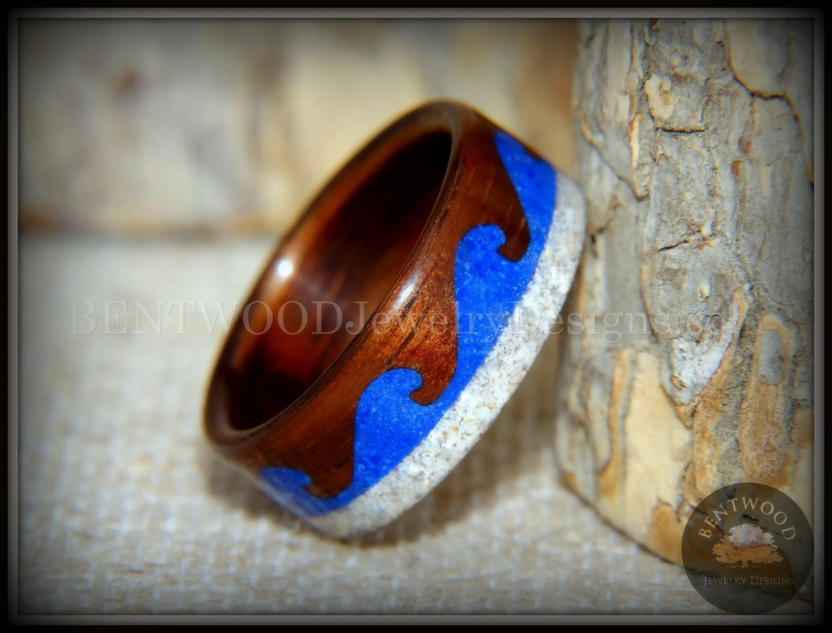 Bentwood Ring -  "Beach Waves" Koa, Blue Lapis & Beach Sand