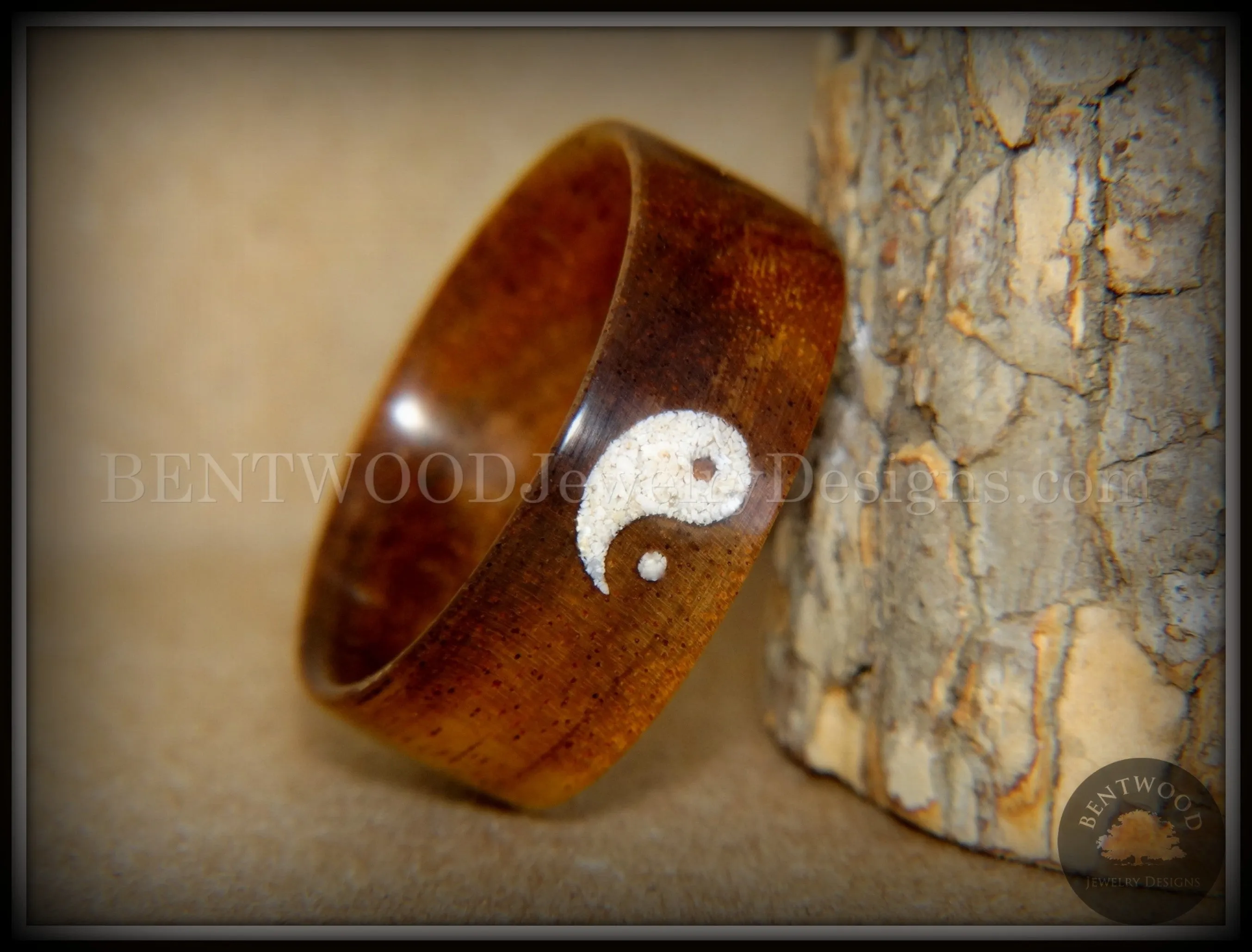 Bentwood Ring - "Yin Yang" Hawaiian Koa Wood Ring with Yin-Yang Symbol Beach Sand Inlay