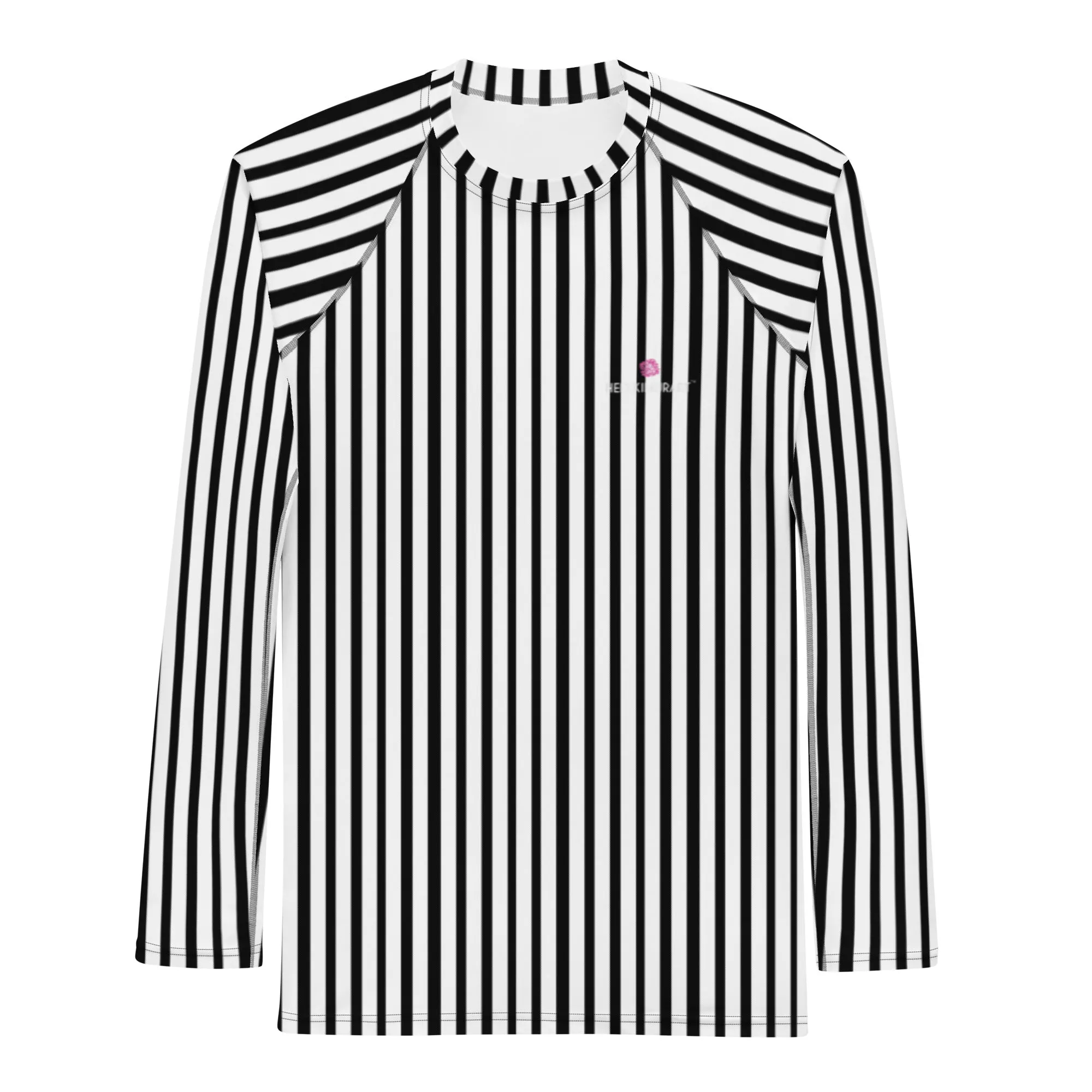 Black White Striped Rash Guard, Vertical Striped Designer Men's Rash Guards For Water Sports - Made in USA/EU/MX