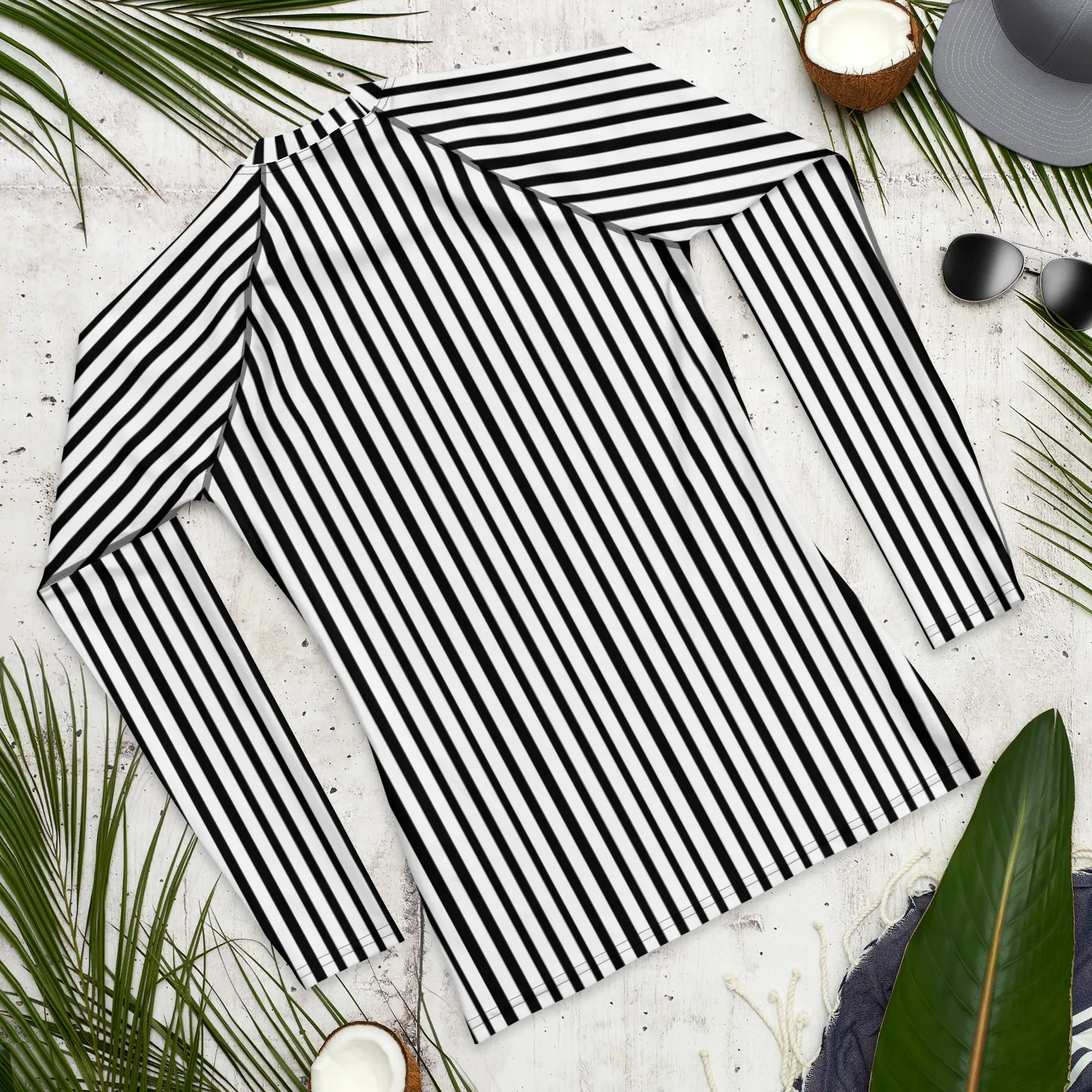 Black White Striped Rash Guard, Vertical Striped Designer Men's Rash Guards For Water Sports - Made in USA/EU/MX