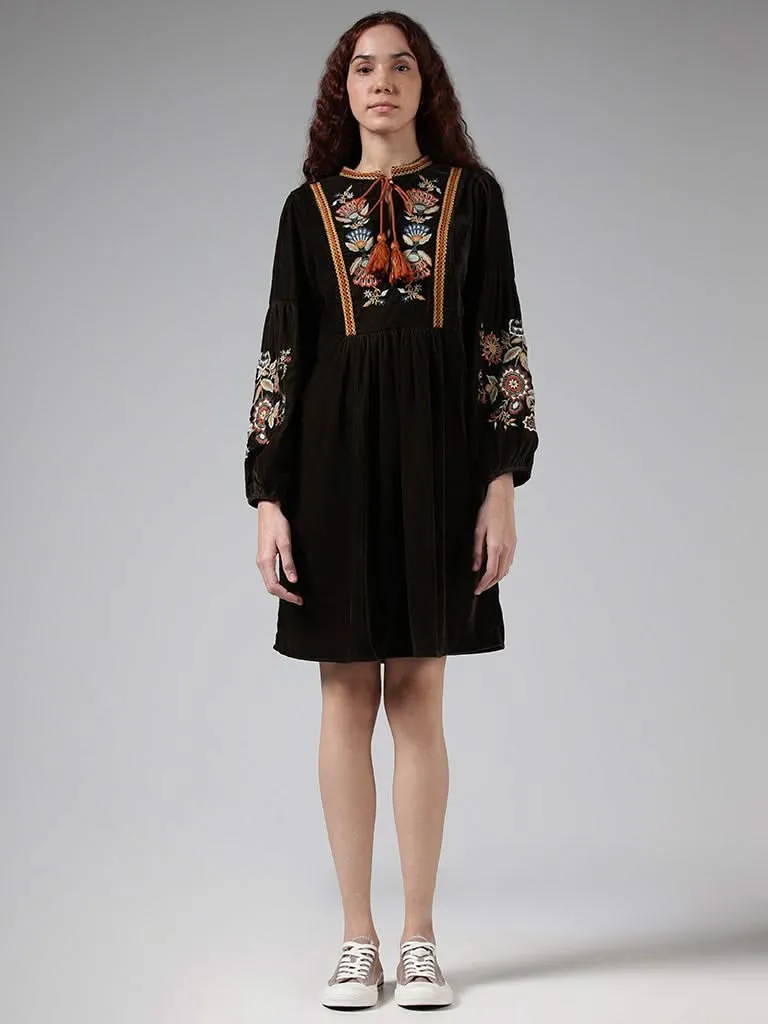 Bombay Paisley Dark Olive Floral Embroidered Dress