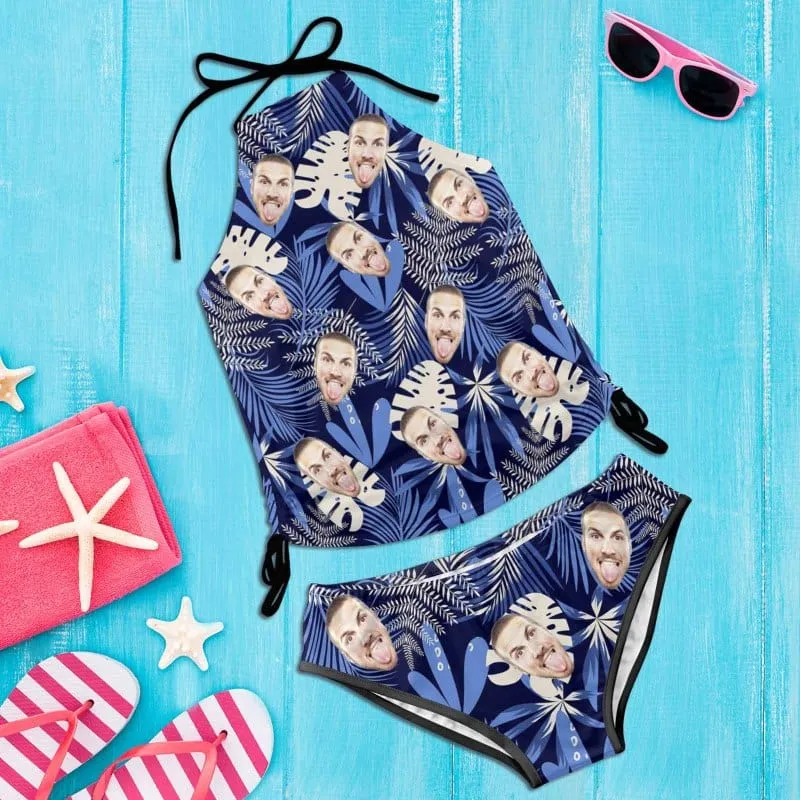 Custom Face Blue Leaves Womens Sexy Halter Tummy Control Swimsuit Tankini Top Sets Fashion Two Piece Bathing Suit with Tie Side