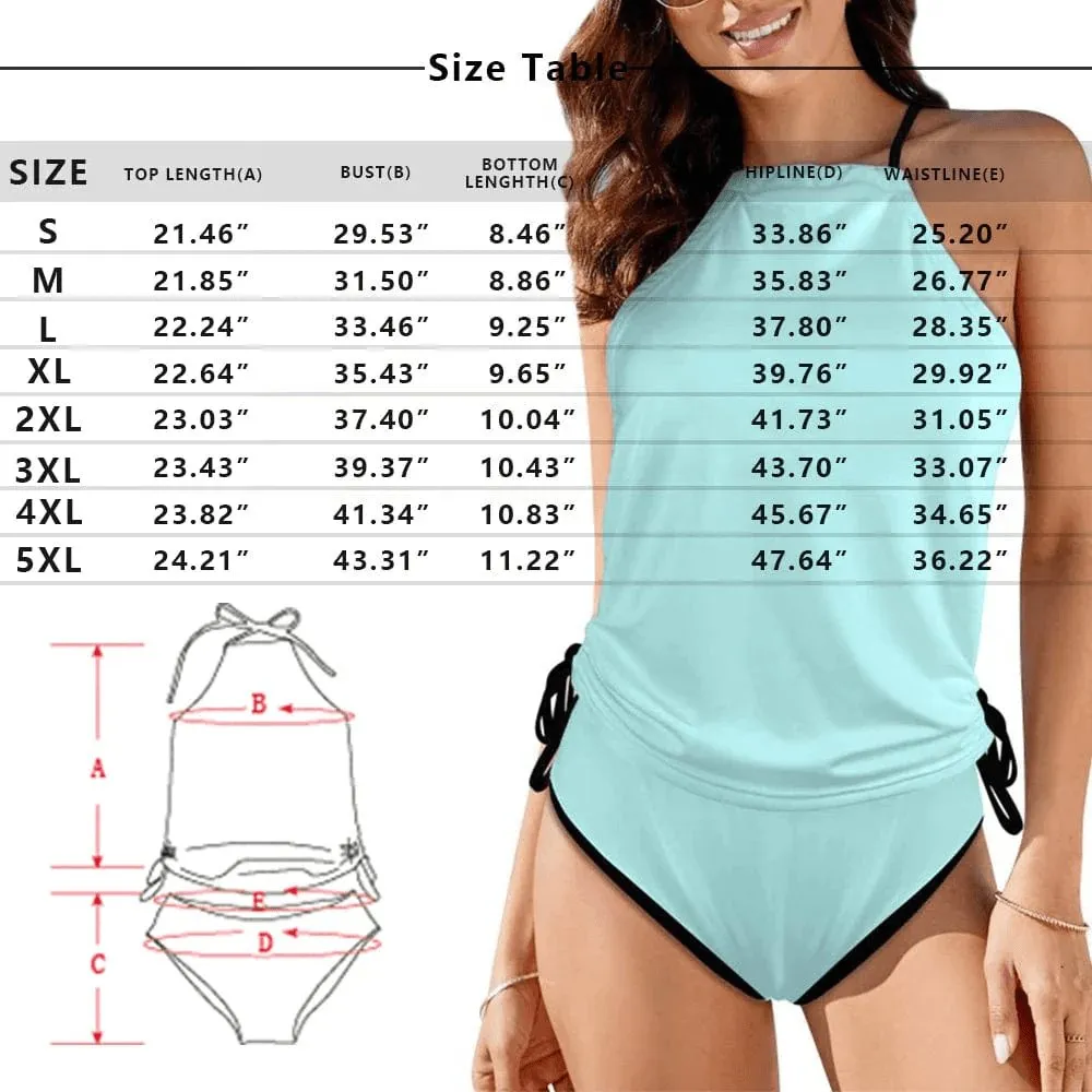 Custom Face Blue Leaves Womens Sexy Halter Tummy Control Swimsuit Tankini Top Sets Fashion Two Piece Bathing Suit with Tie Side
