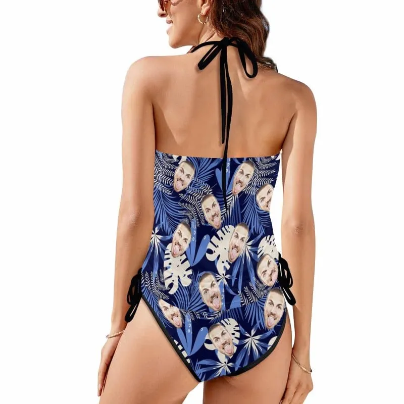 Custom Face Blue Leaves Womens Sexy Halter Tummy Control Swimsuit Tankini Top Sets Fashion Two Piece Bathing Suit with Tie Side