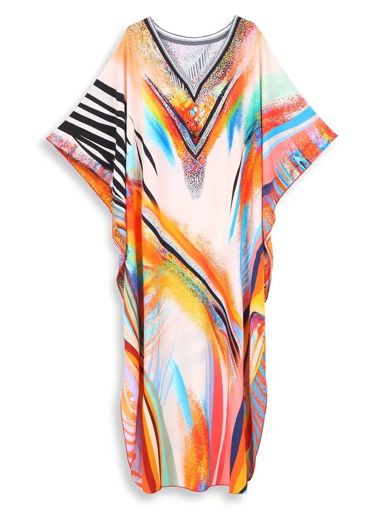 EDOLYNSA Bohemian Orange Printed Kaftan: Loose Summer Beach Dress 2024