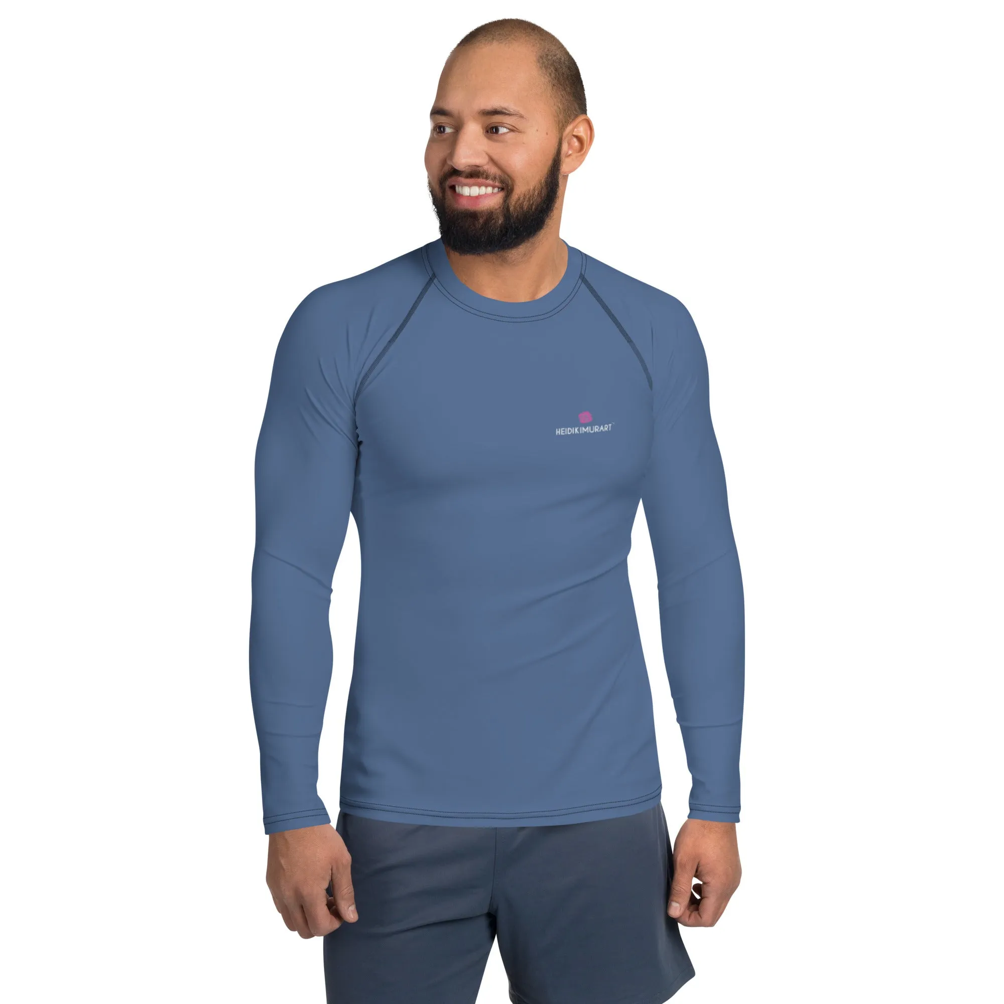 Gray Blue Solid Color Men's Top, Best Men's Rash Guard UPF 50  Long Sleeves Designer Polyester Spandex Sportswear