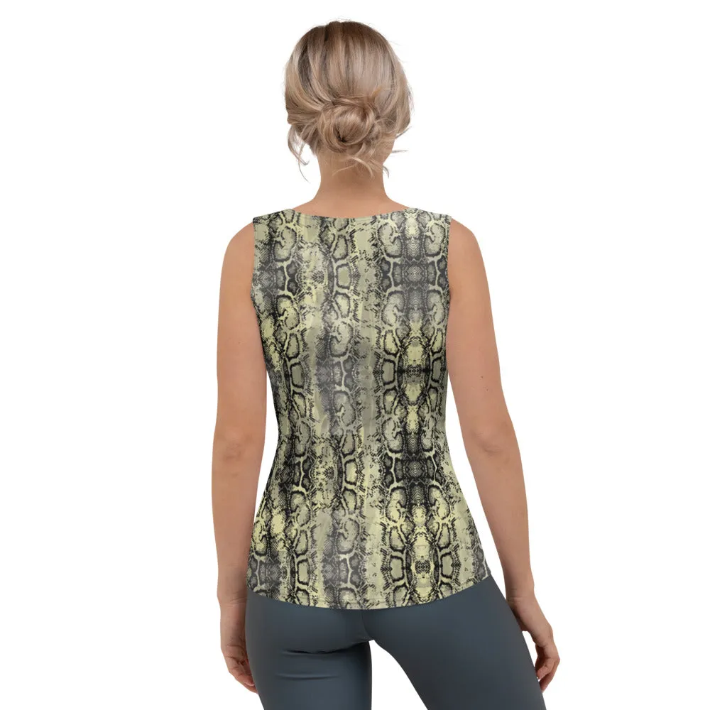 Green Snake Print Tank Top, Python Reptile Skin Print Designer Crew Beck Tank Top For Women