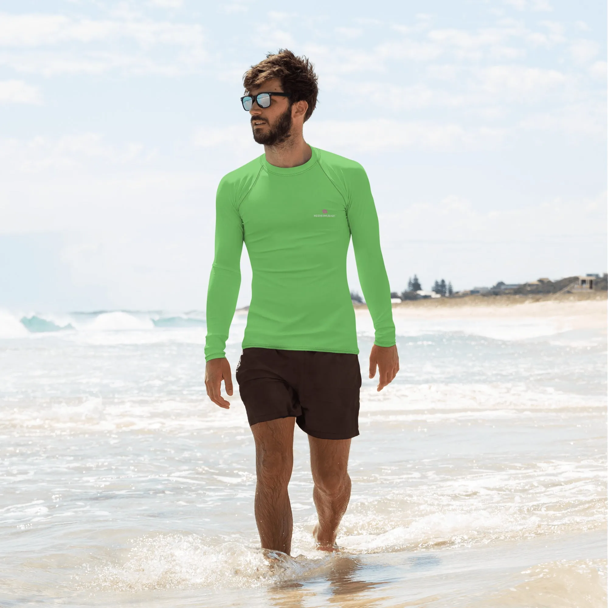 Green Solid Color Men's Top, Best Men's Rash Guard UPF 50  Long Sleeves Designer Polyester Spandex Sportswear
