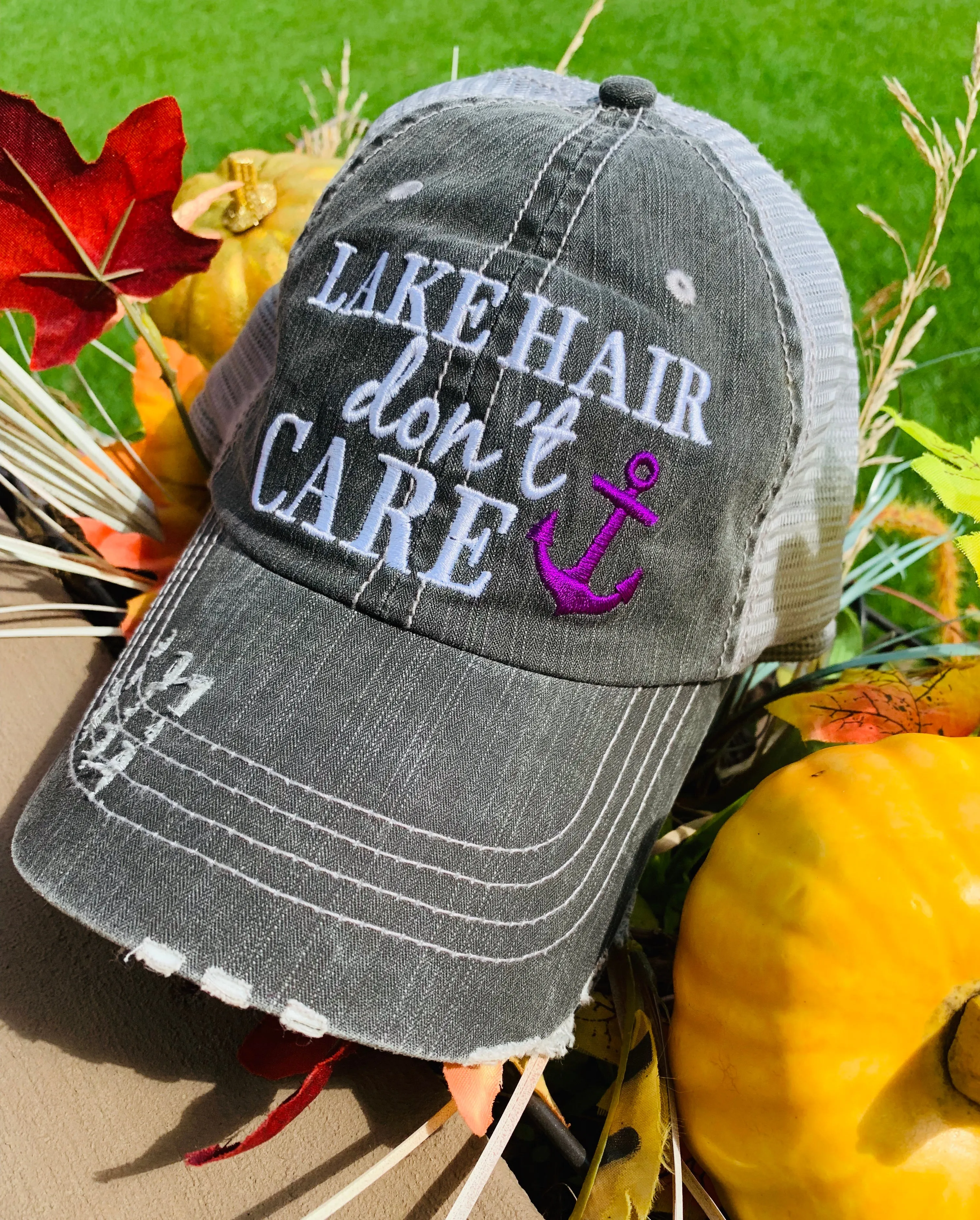 Lake hats! Lake hair dont care | Gray trucker cap-teal, pink, purple anchor | Unisex-Womens-Men-Kids