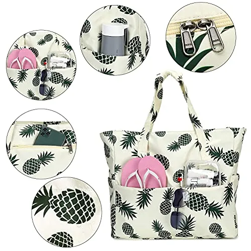 Large Beach Tote Bag Women Waterproof Sandproof Pineapple Zipper Beach Tote Bag Pool Gym Grocery Travel with Wet Pocket