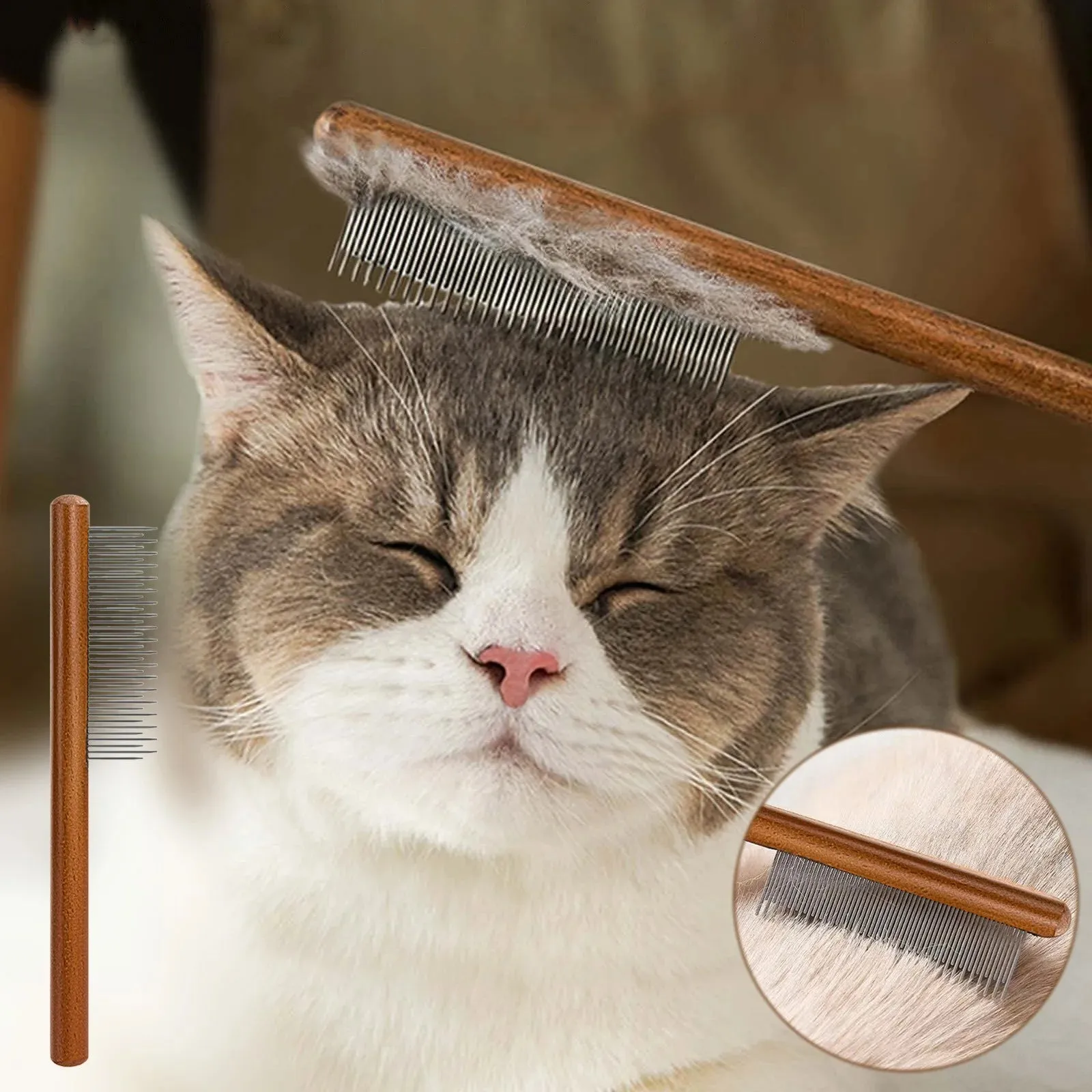 Pet Dander Remover Brush Cat Comb Detangling Flea and Removing Grooming Tool for and Adult Cats with Green Friendly Wood Handle