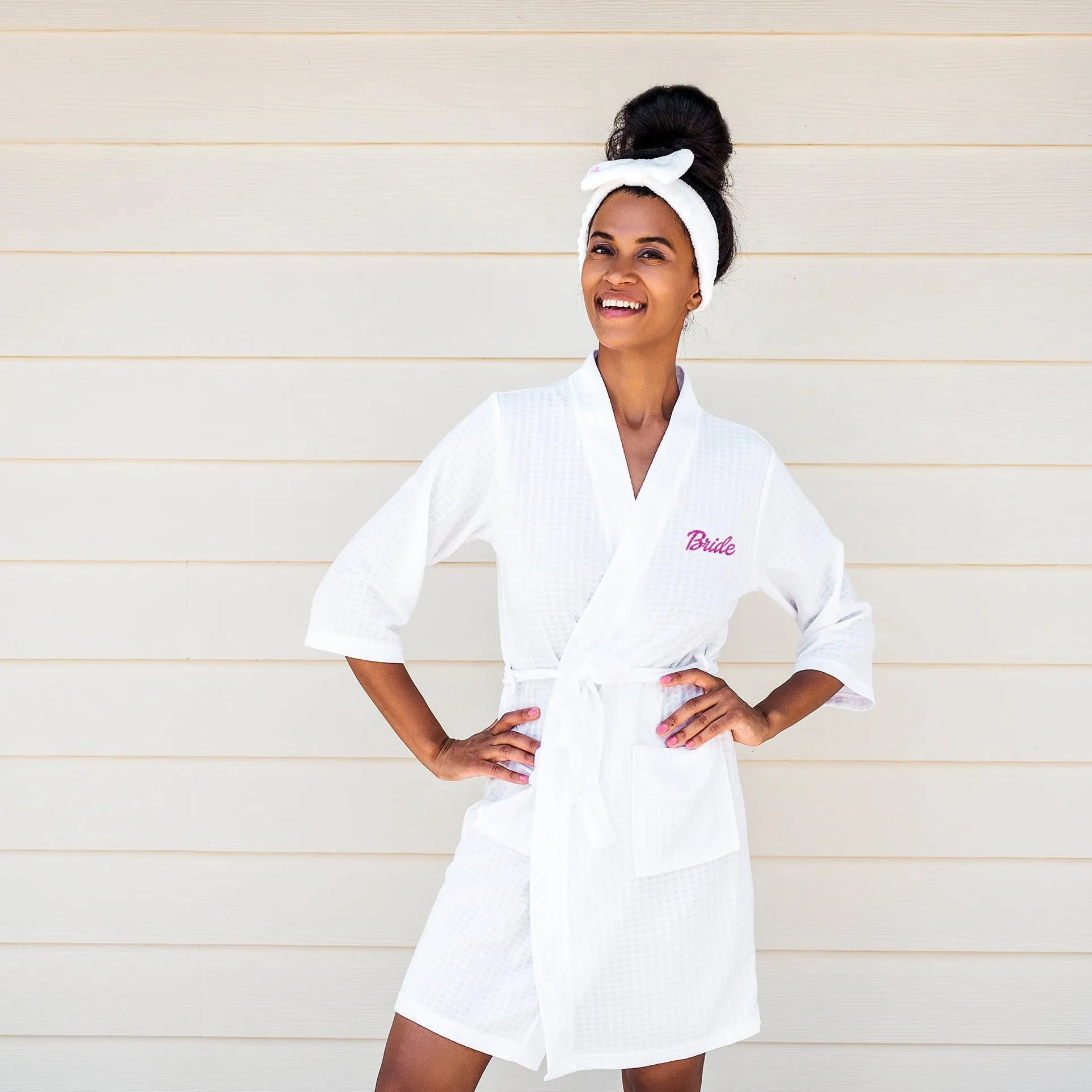 Pink and White Set (Waffled Robe Fluffy Slippers Headband Make up Bag)