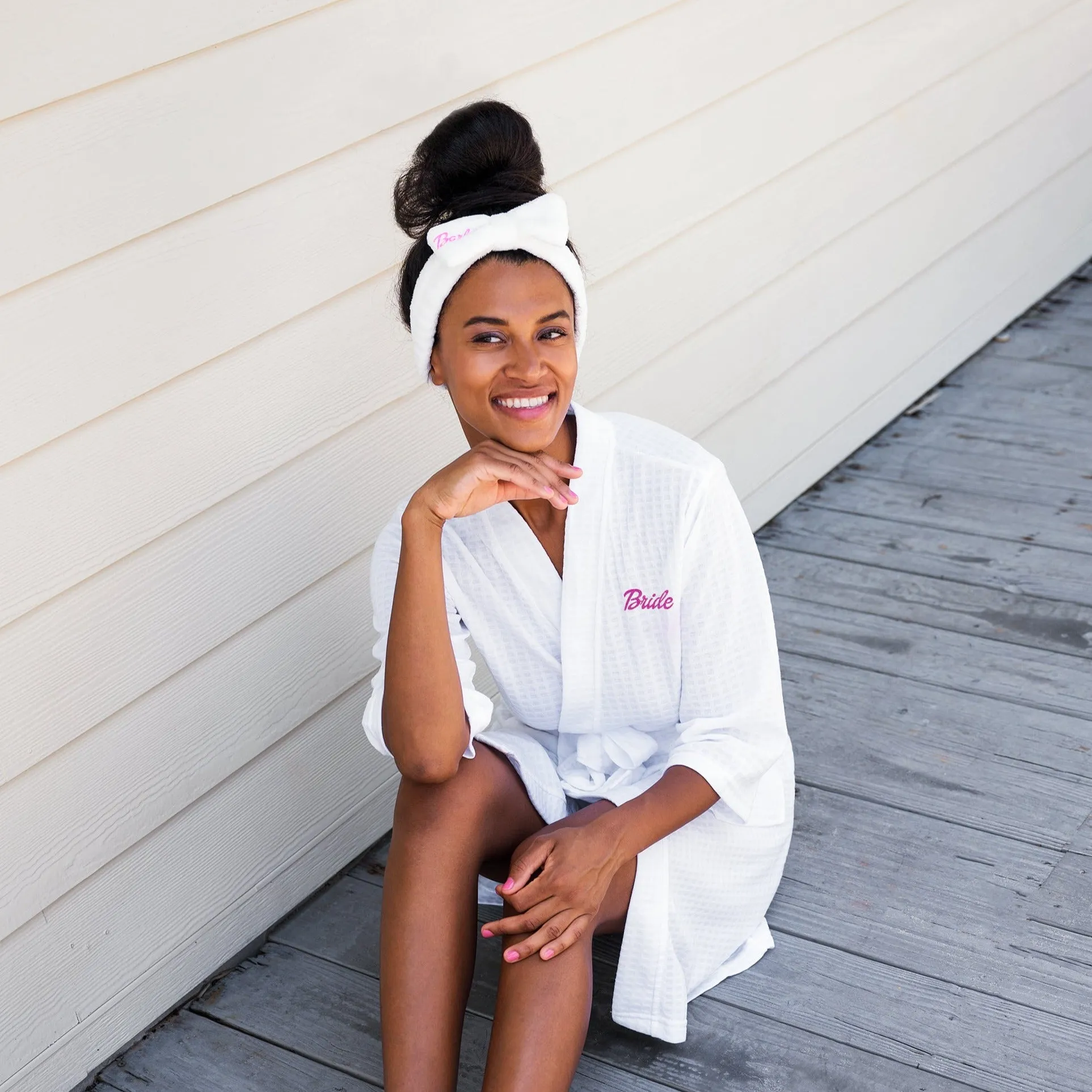 Pink and White Set (Waffled Robe Fluffy Slippers Headband Make up Bag)