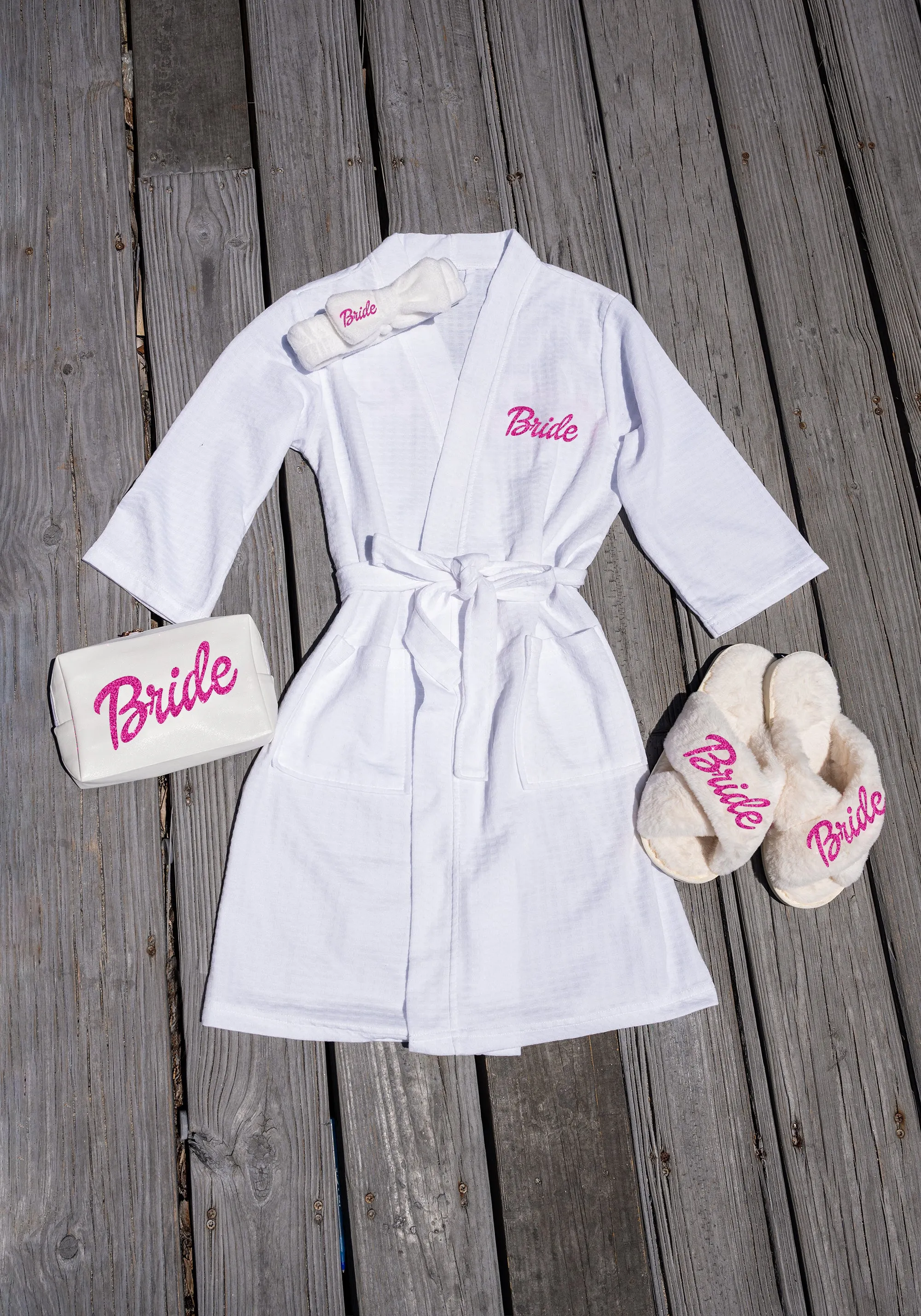 Pink and White Set (Waffled Robe Fluffy Slippers Headband Make up Bag)