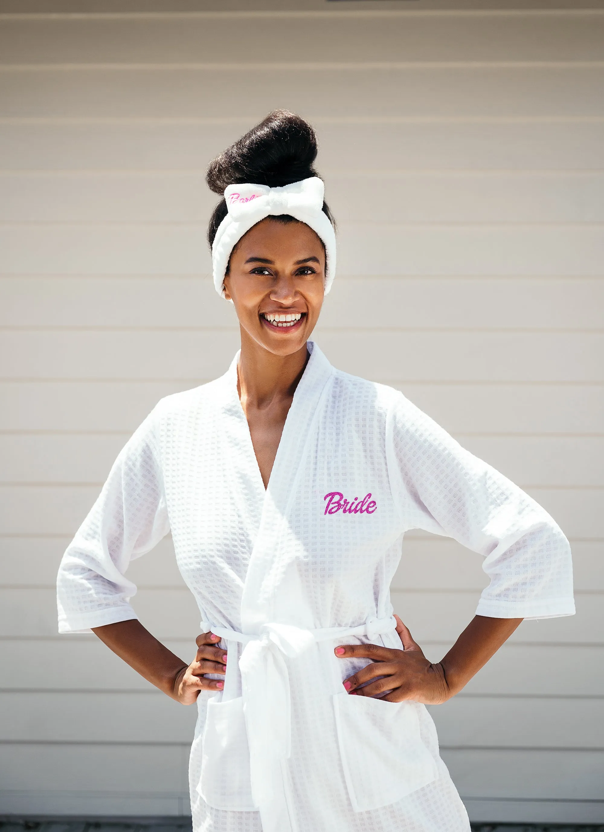 Pink and White Set (Waffled Robe Fluffy Slippers Headband Make up Bag)