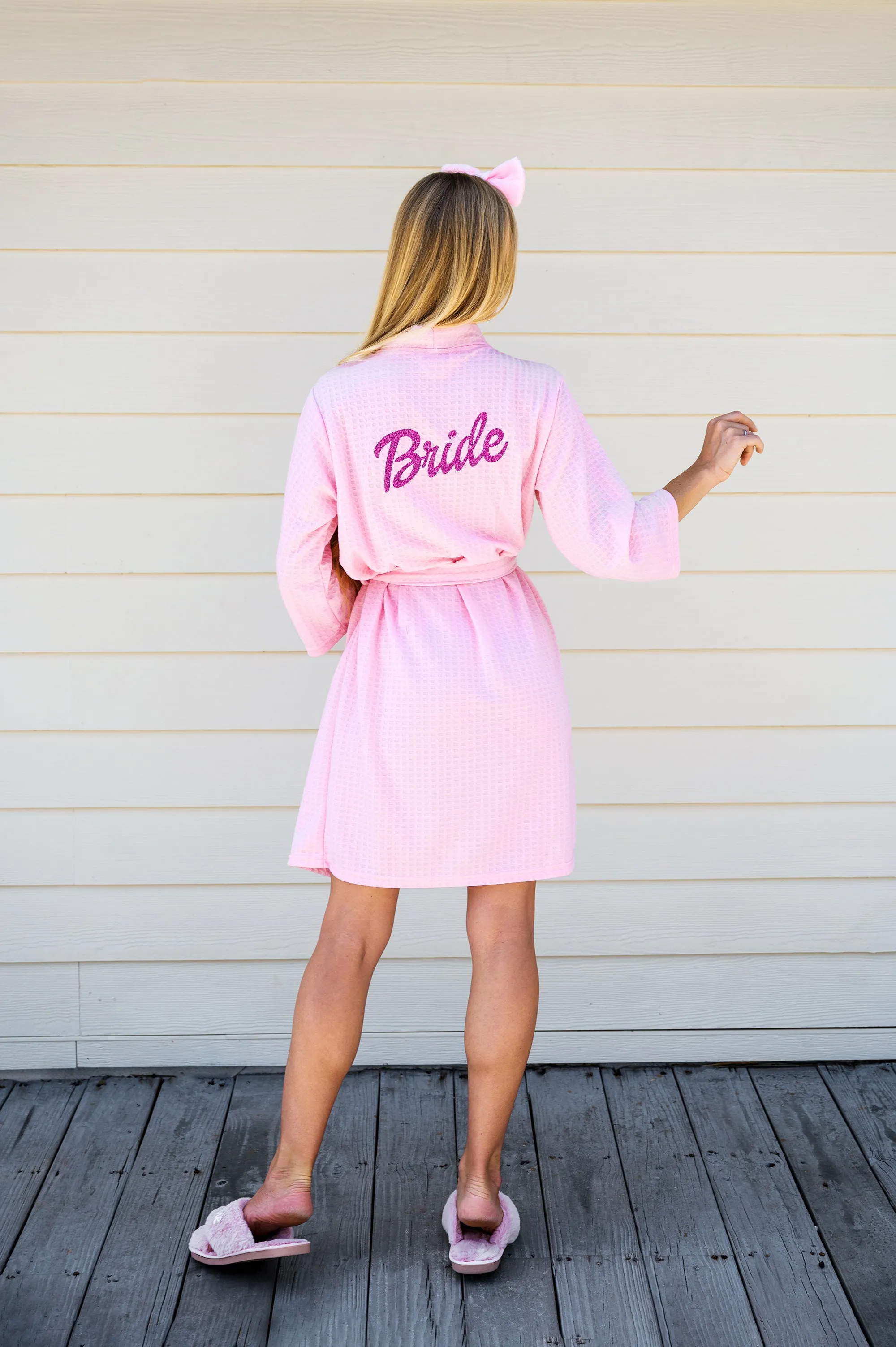 Pink and White Set (Waffled Robe Fluffy Slippers Headband Make up Bag)