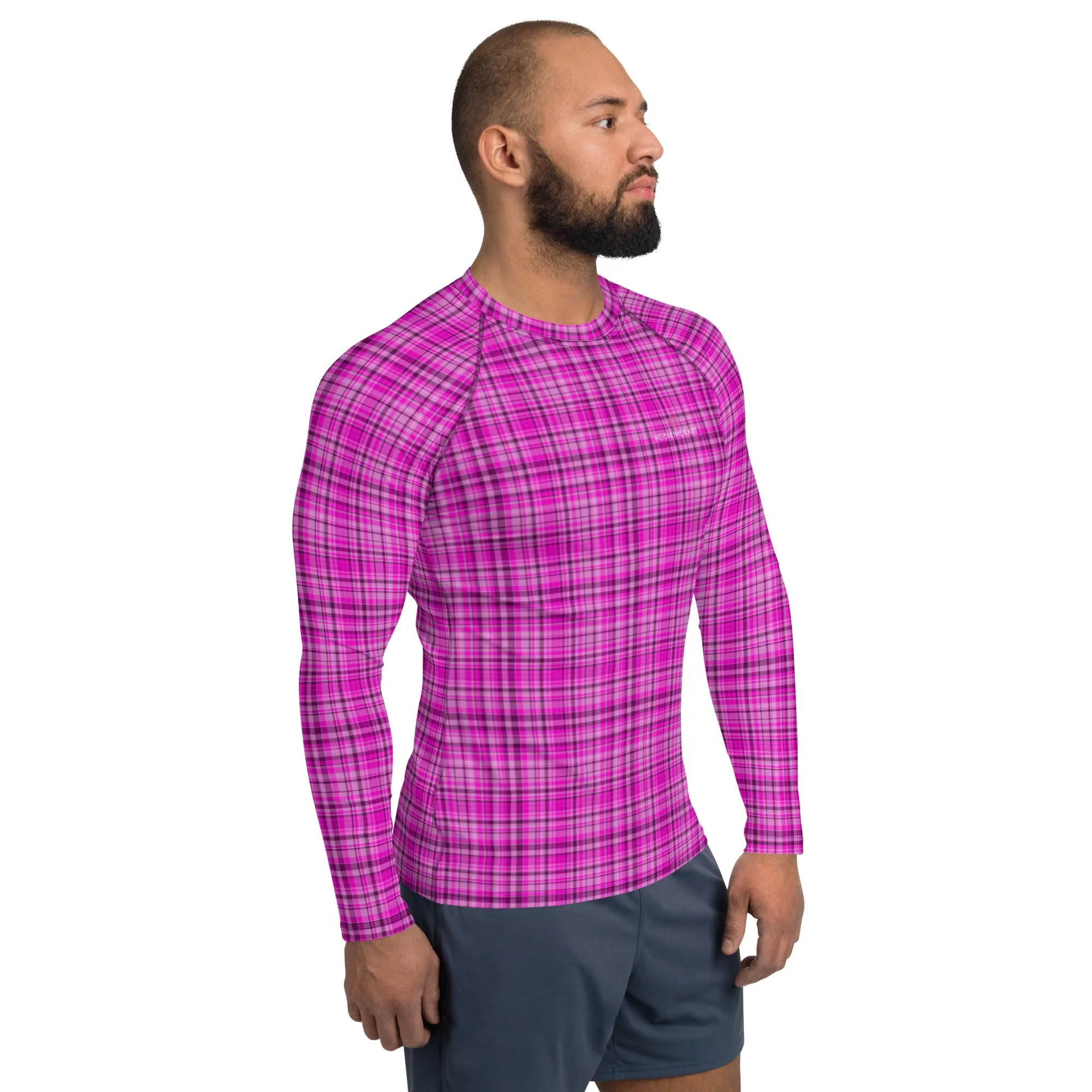 Pink Plaid Print Rash Guard, Plaid Print Designer Men's Rash Guards For Water Sports - Made in USA/EU/MX
