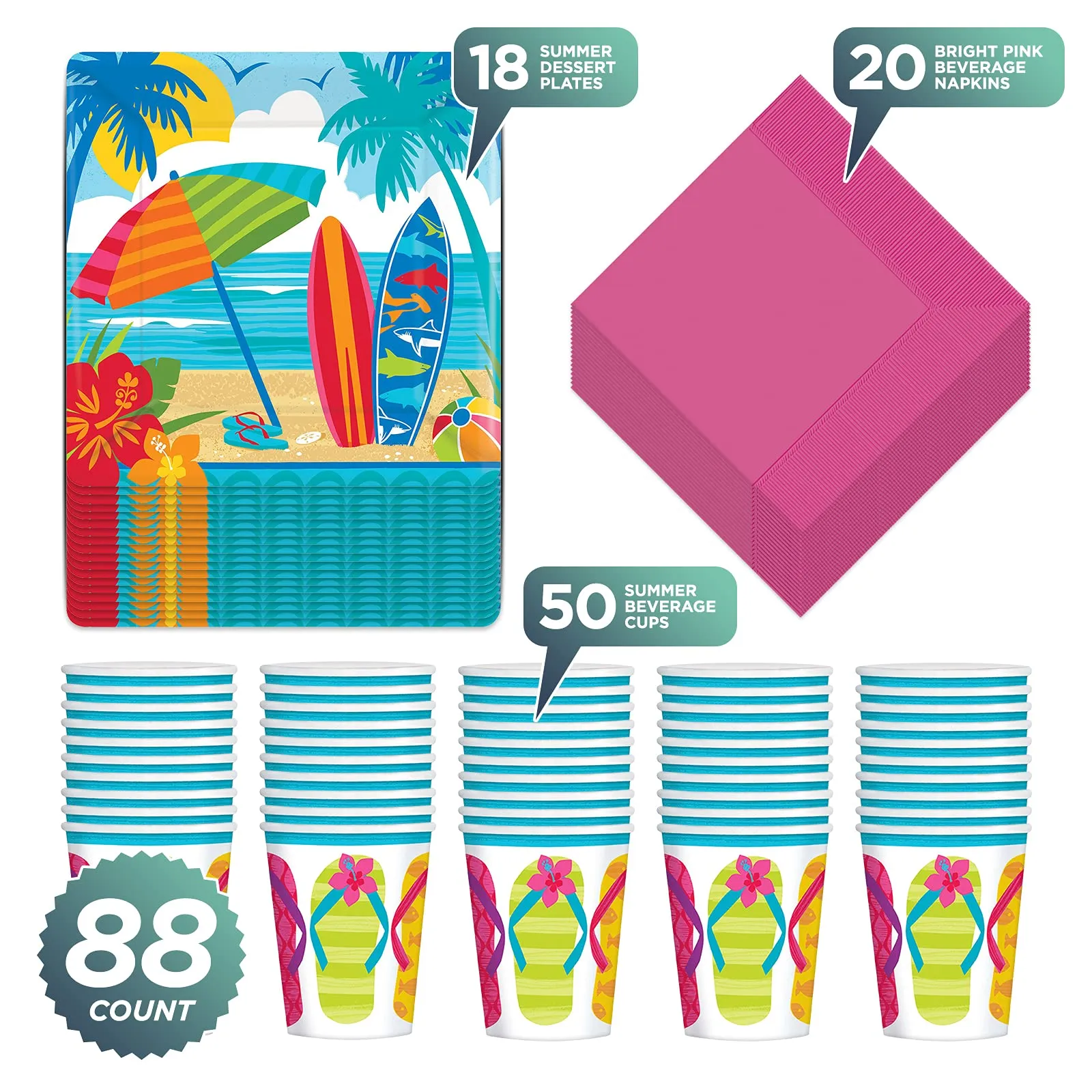 Summer Party Beach Flip Flops Paper Dessert Plates, Napkins, and Cups (Serves 18) - Beach and Pool Party Theme Party Decorations