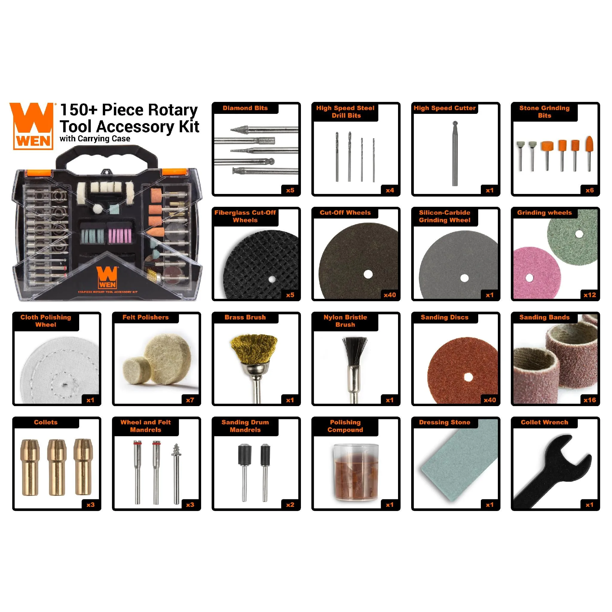 WEN 230151A 150-Piece Rotary Tool Accessory Kit with Carrying Case