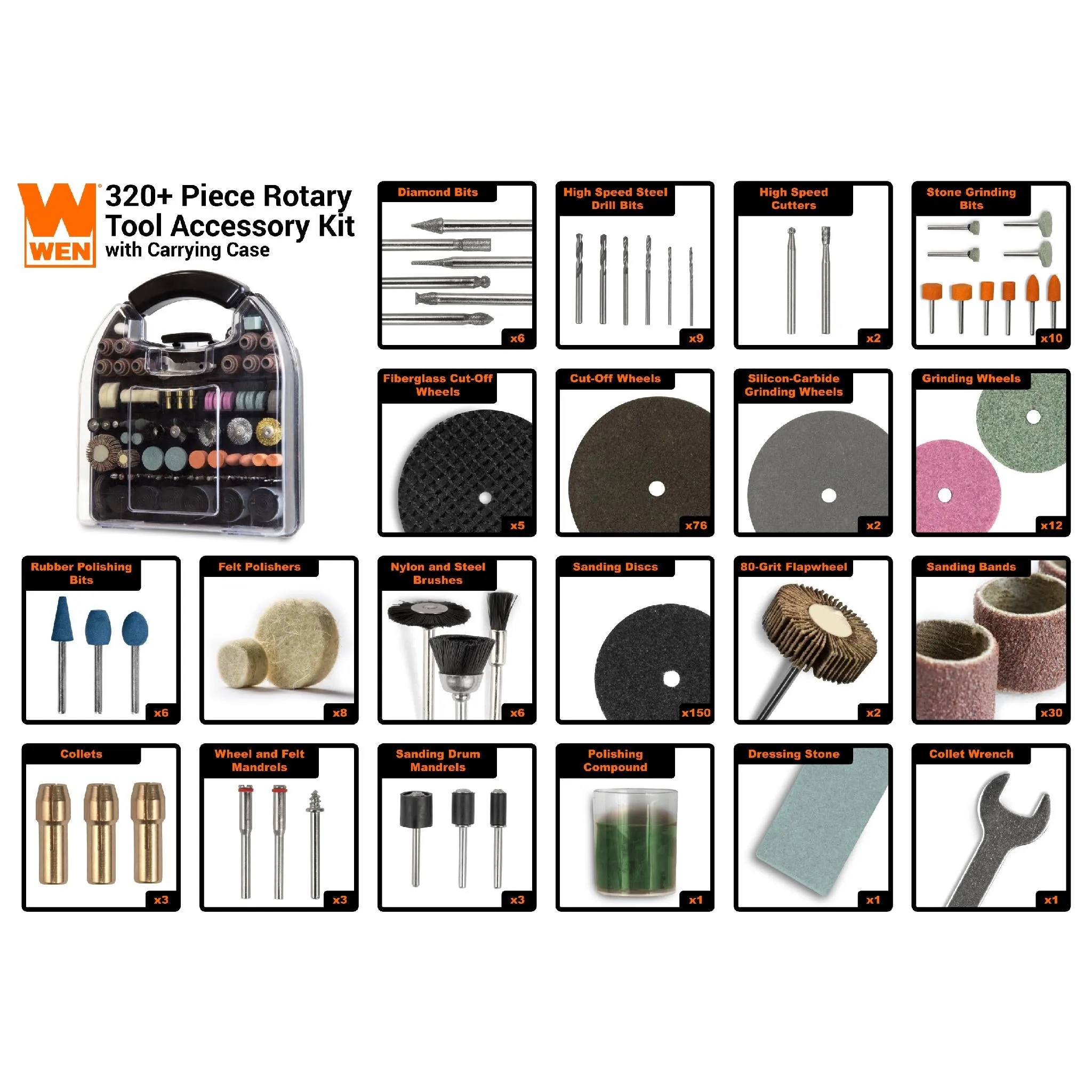 WEN 230321A 320-Piece Rotary Tool Accessory Kit with Carrying Case